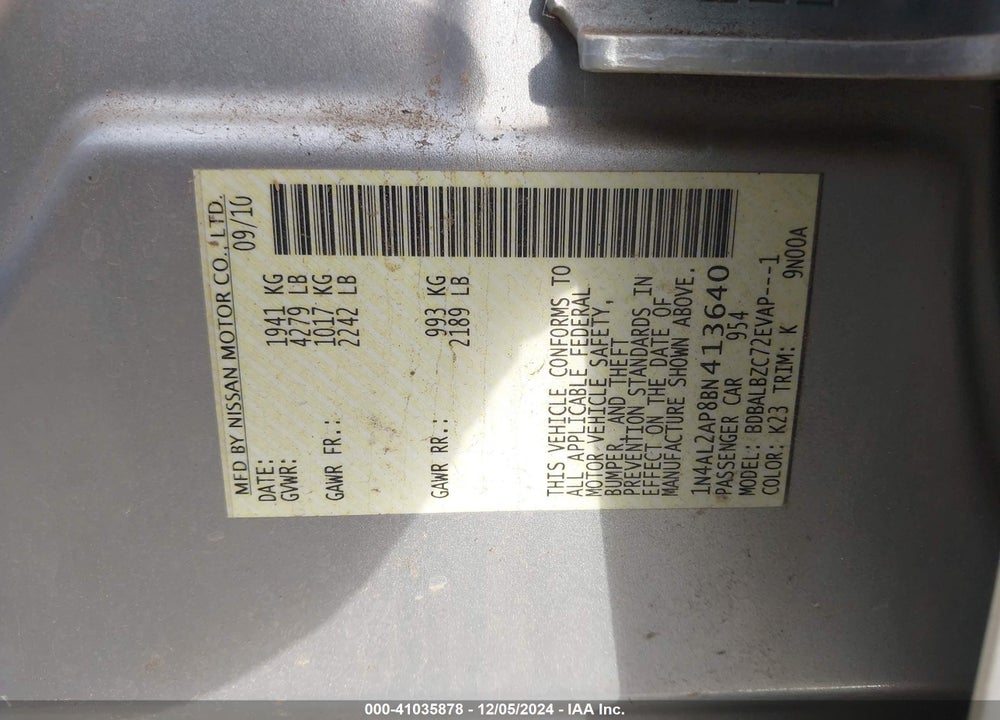 2011 NISSAN ALTIMA 2.5 S VIN: 1N4AL2AP8BN413640