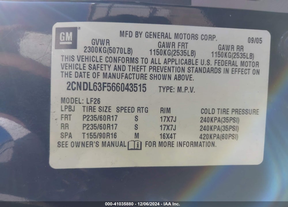 2006 CHEVROLET EQUINOX LT VIN: 2CNDL63F566043515