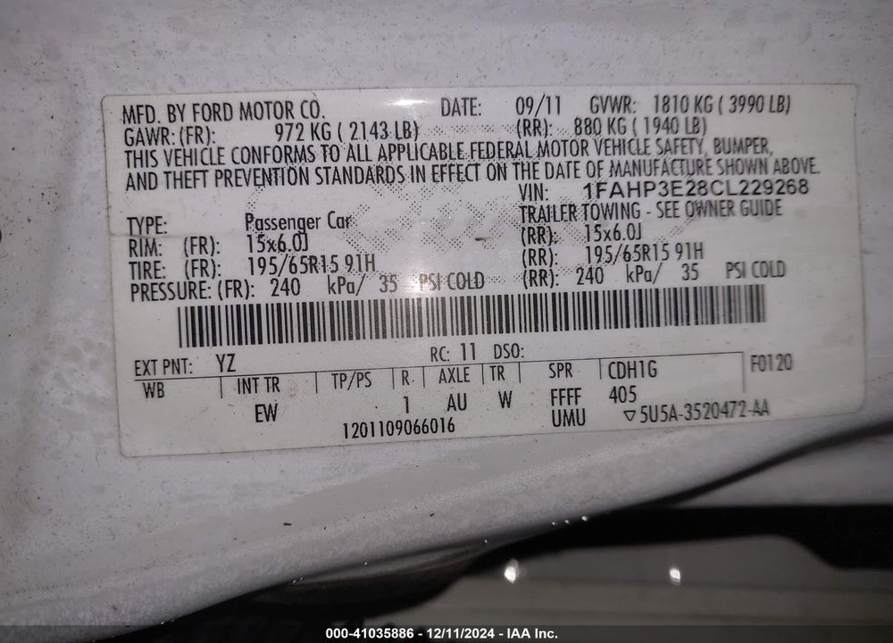 2012 FORD FOCUS S VIN: 1FAHP3E28CL229268