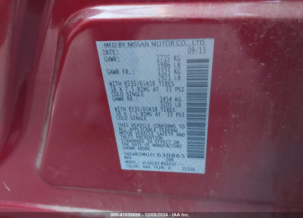 2014 NISSAN PATHFINDER S VIN: 5N1AR2MN1EC630865