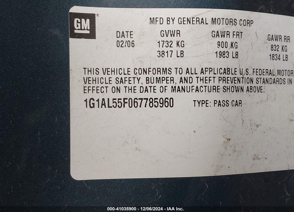 2006 CHEVROLET COBALT LT VIN: 1G1AL55F067785960
