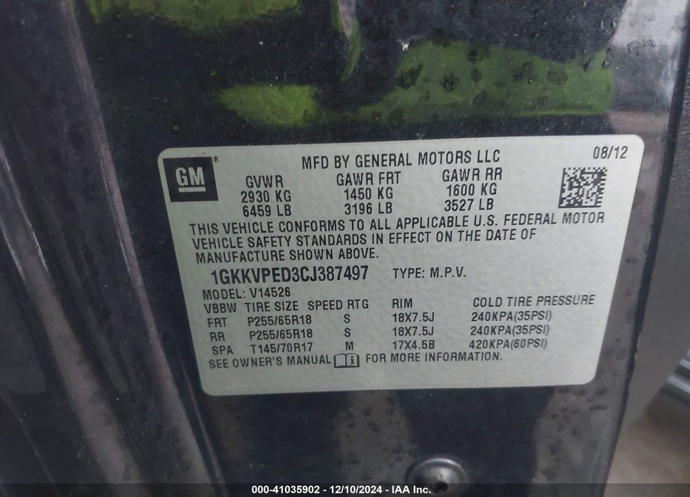 2012 GMC ACADIA SLE VIN: 1GKKVPED3CJ387497