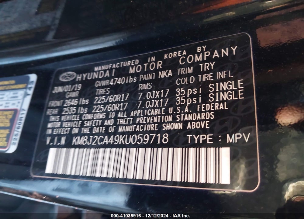 2019 HYUNDAI TUCSON SE VIN: KM8J2CA49KU059718