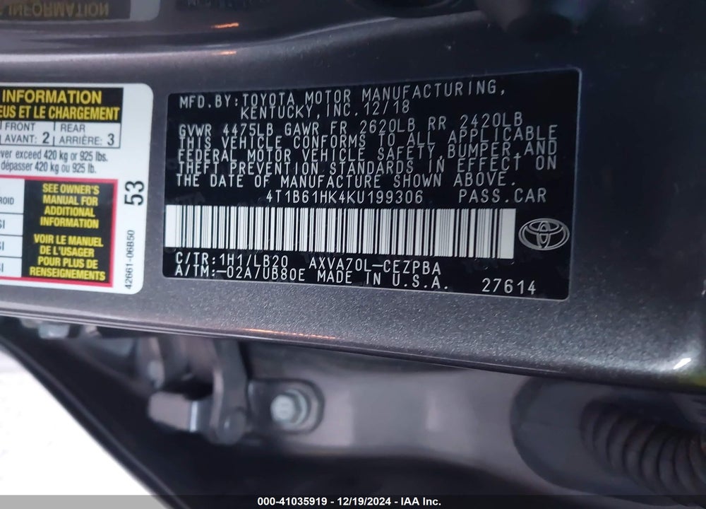 2019 TOYOTA CAMRY XSE VIN: 4T1B61HK4KU199306