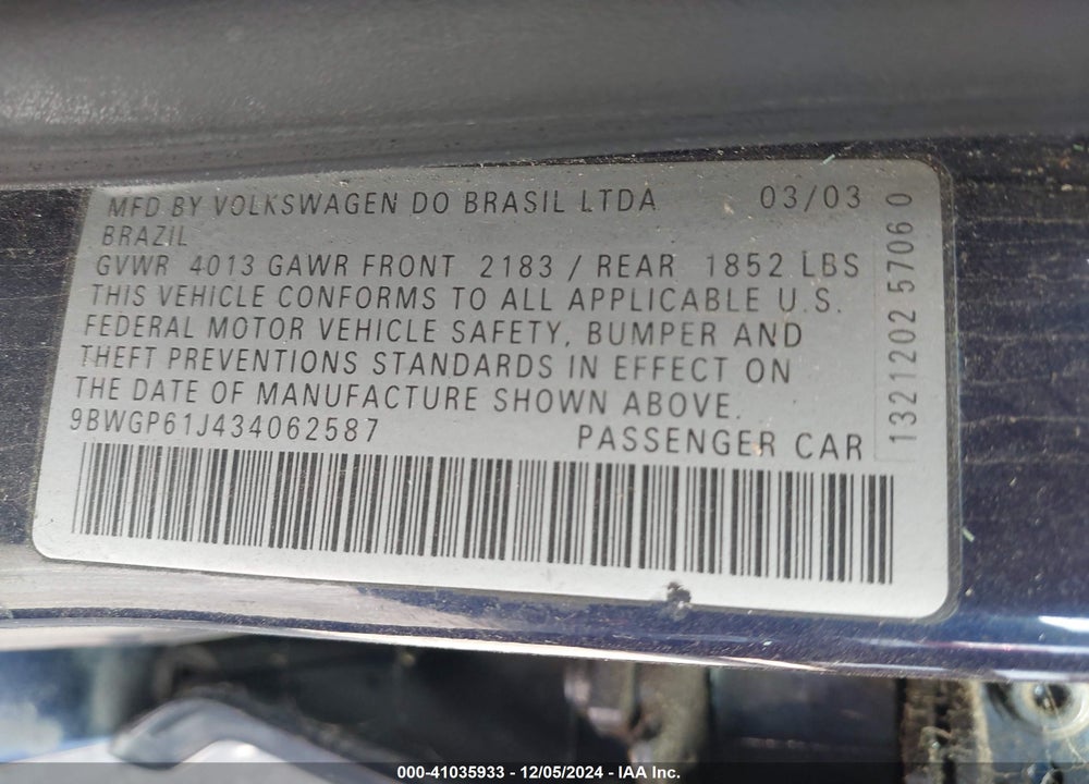 2003 VOLKSWAGEN GOLF GLS TDI VIN: 9BWGP61J434062587