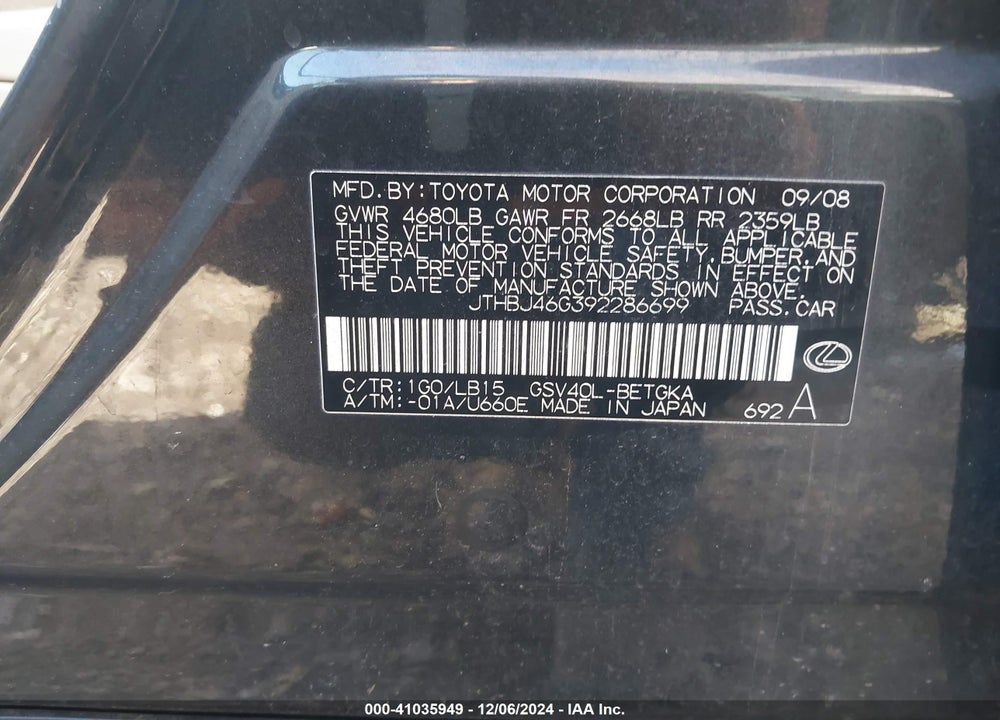 2009 LEXUS ES 350 VIN: JTHBJ46G392286699