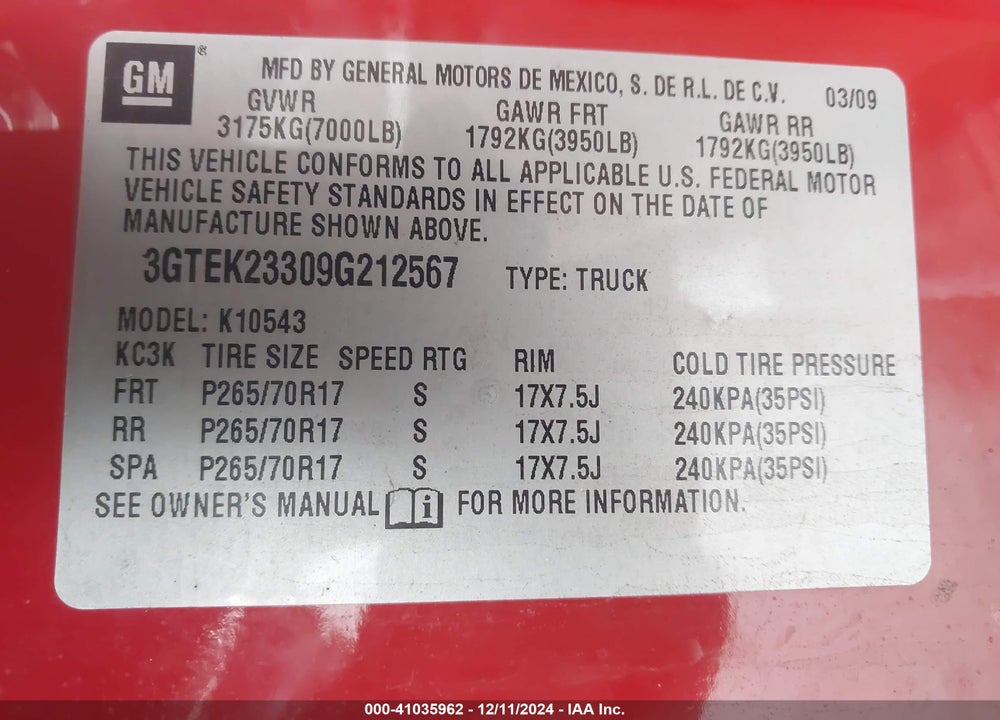 2009 GMC SIERRA 1500 VIN: 3GTEK23309G212567