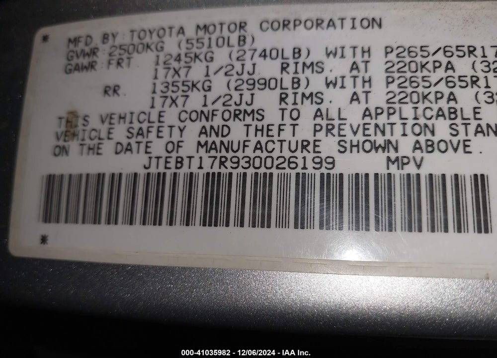 2003 TOYOTA 4RUNNER LIMITED V8 VIN: JTEBT17R930026199