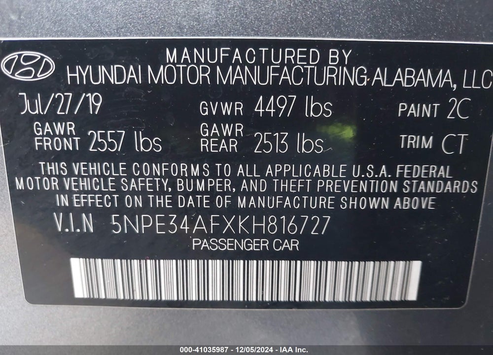 2019 HYUNDAI SONATA SEL VIN: 5NPE34AFXKH816727