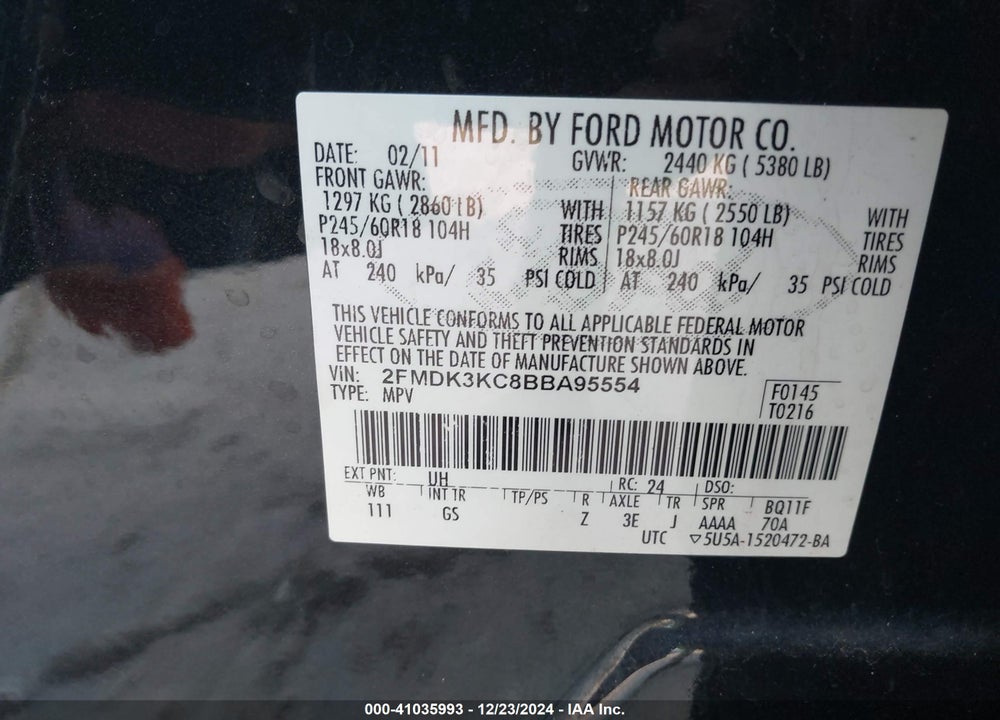 2011 FORD EDGE LIMITED VIN: 2FMDK3KC8BBA95554
