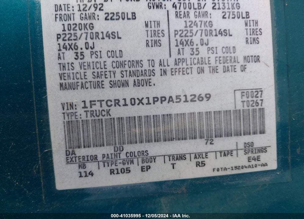 1993 FORD RANGER VIN: 1FTCR10X1PPA51269