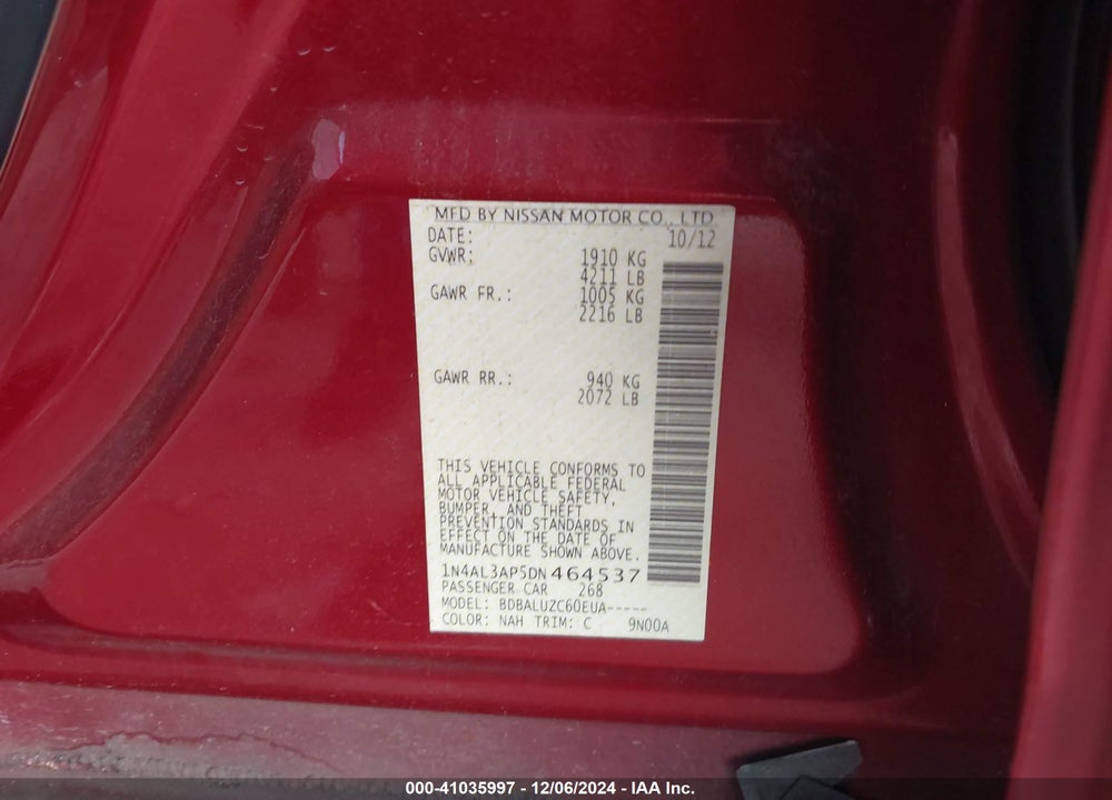 2013 NISSAN ALTIMA 2.5 SV VIN: 1N4AL3AP5DN464537
