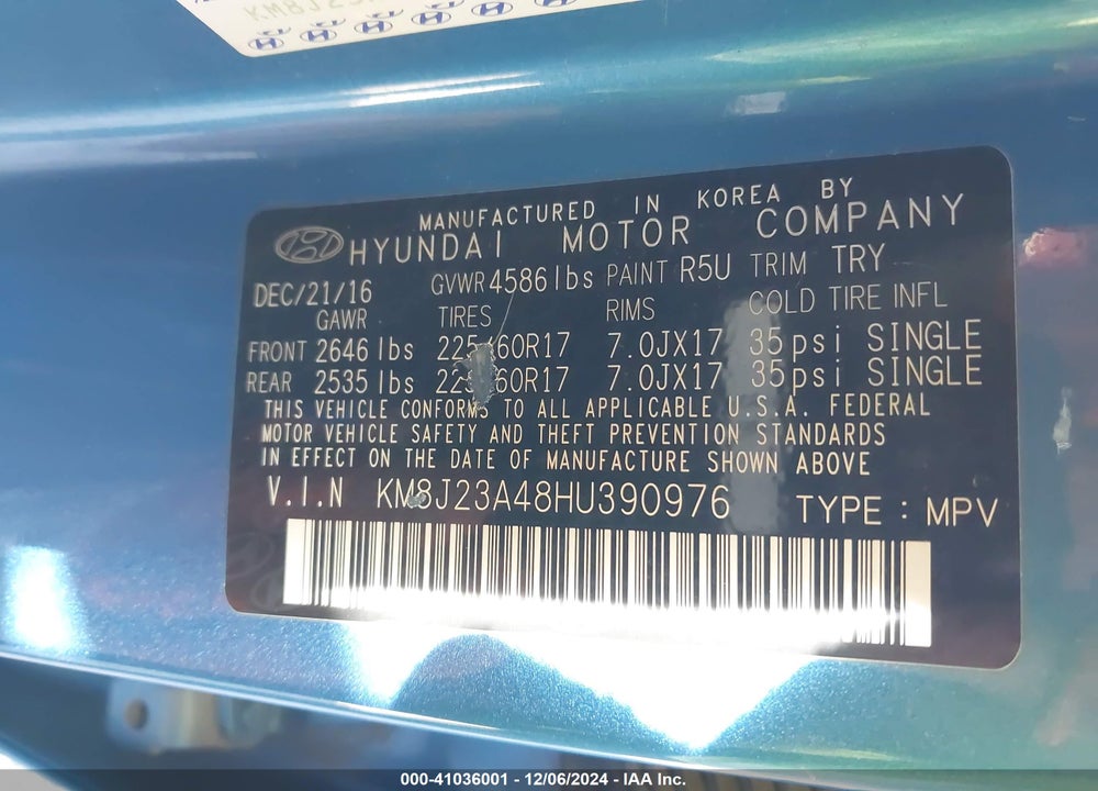 2017 HYUNDAI TUCSON SE VIN: KM8J23A48HU390976