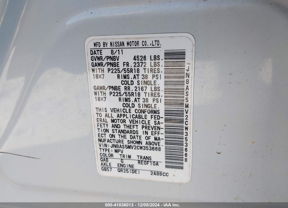 2012 NISSAN ROGUE SV W/SL PKG VIN: JN8AS5MV2CW353668