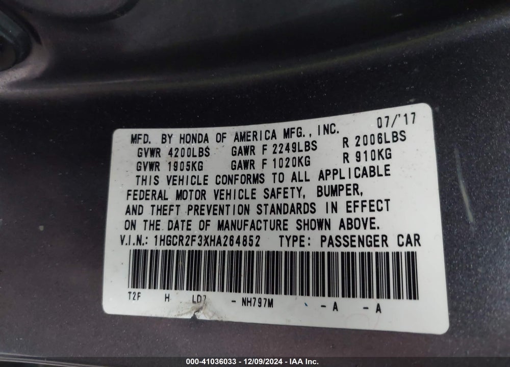 2017 HONDA ACCORD LX VIN: 1HGCR2F3XHA264852