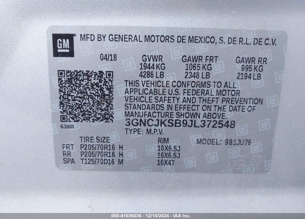 2018 CHEVROLET TRAX LS VIN: 3GNCJKSB9JL372548