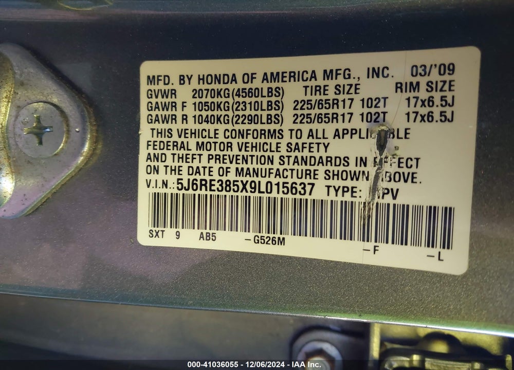 2009 HONDA CR-V EX VIN: 5J6RE385X9L015637