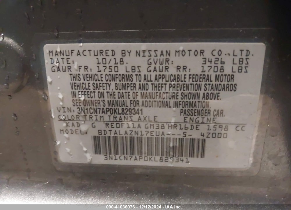 2019 NISSAN VERSA 1.6 S+ VIN: 3N1CN7AP0KL829341