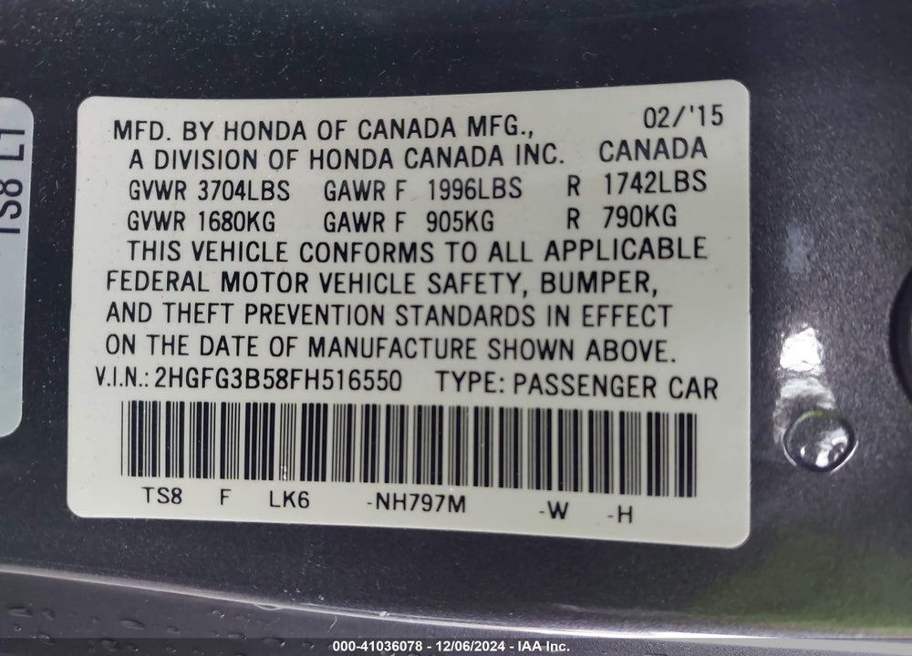 2015 HONDA CIVIC LX VIN: 2HGFG3B58FH516550