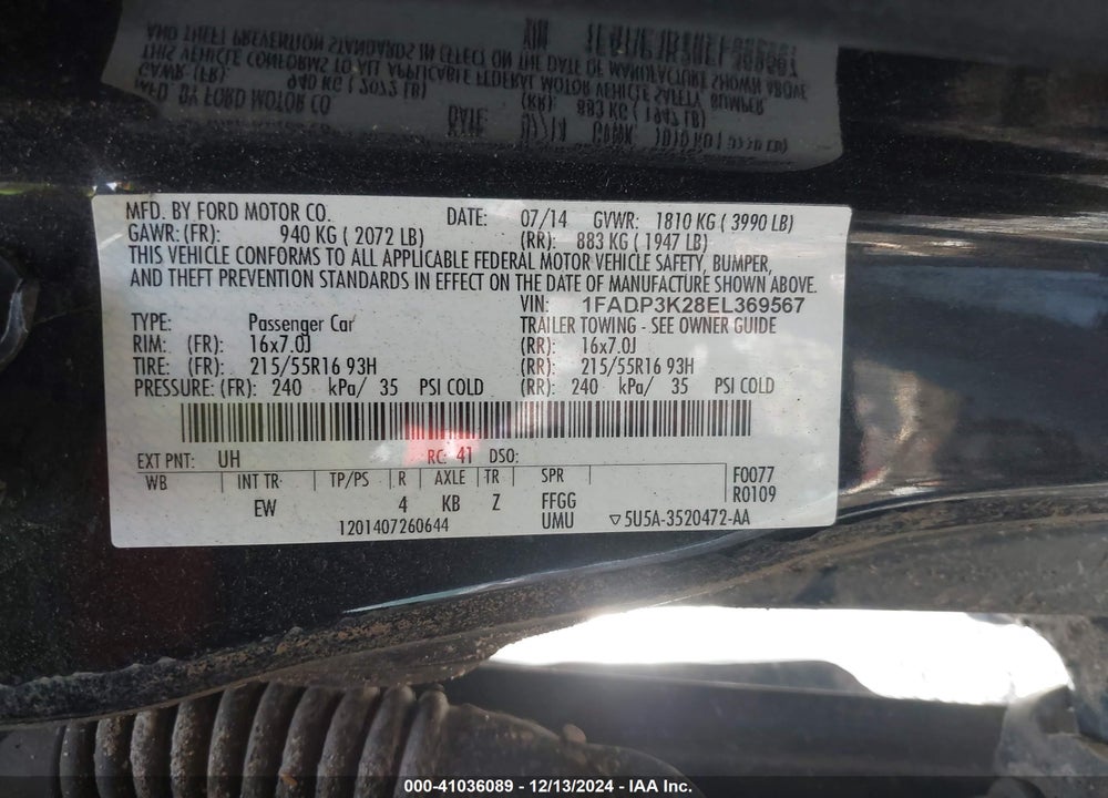 2014 FORD FOCUS VIN: 1FADP3K28EL369567