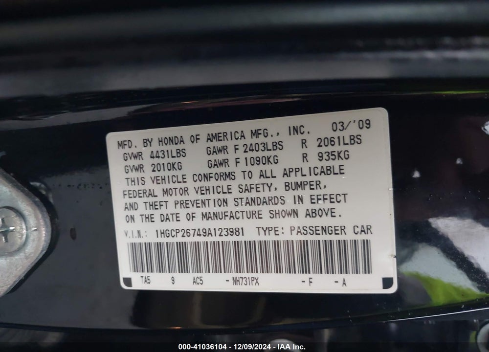 2009 HONDA ACCORD 2.4 EX VIN: 1HGCP26749A123981