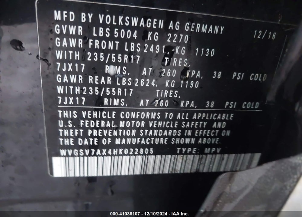 2017 VOLKSWAGEN TIGUAN 2.0T WOLFSBURG EDITION VIN: WVGSV7AX4HK022805