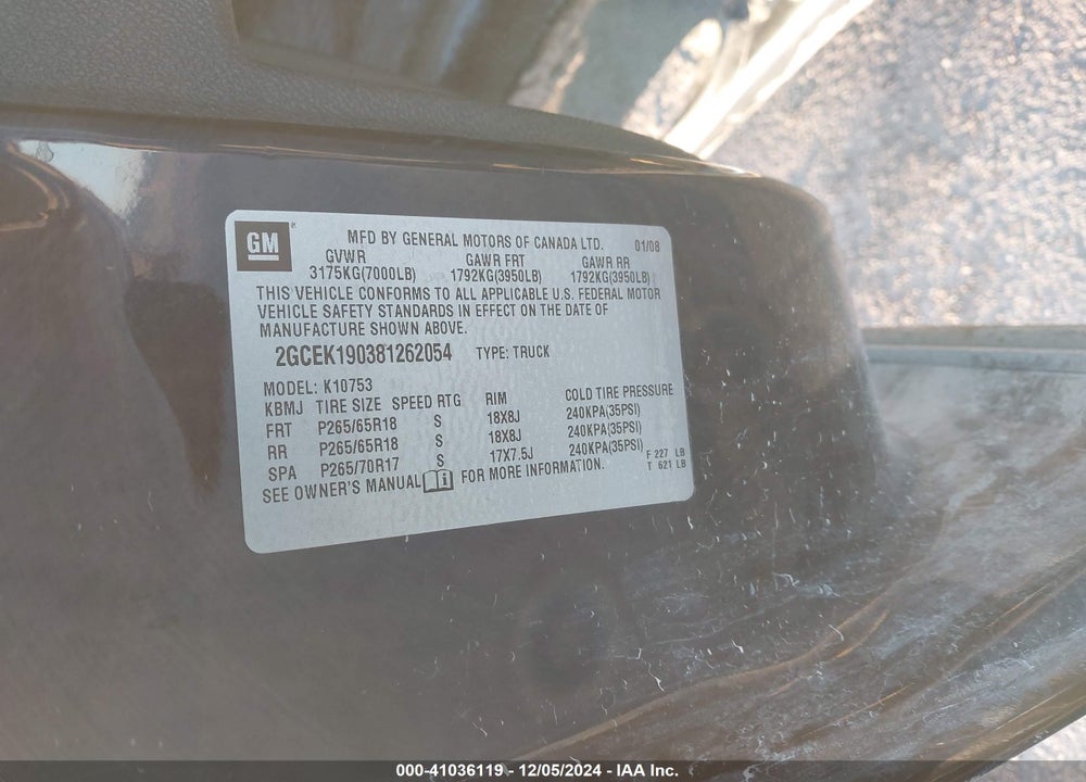 2008 CHEVROLET SILVERADO 1500 VIN: 2GCEK190381262054