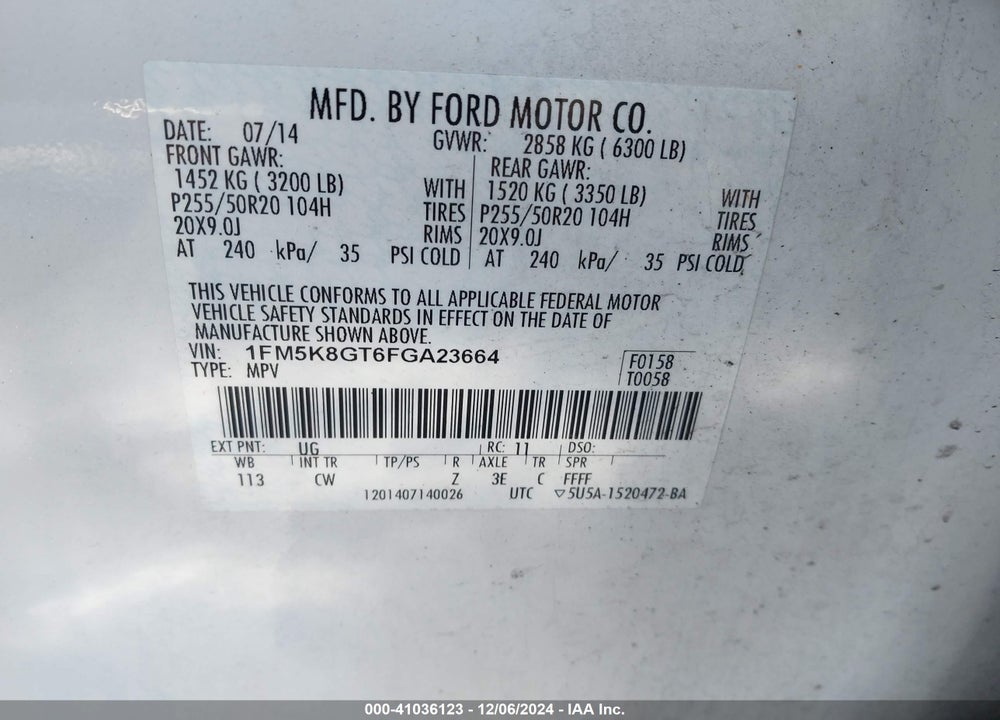 2015 FORD EXPLORER SPORT VIN: 1FM5K8GT6FGA23664