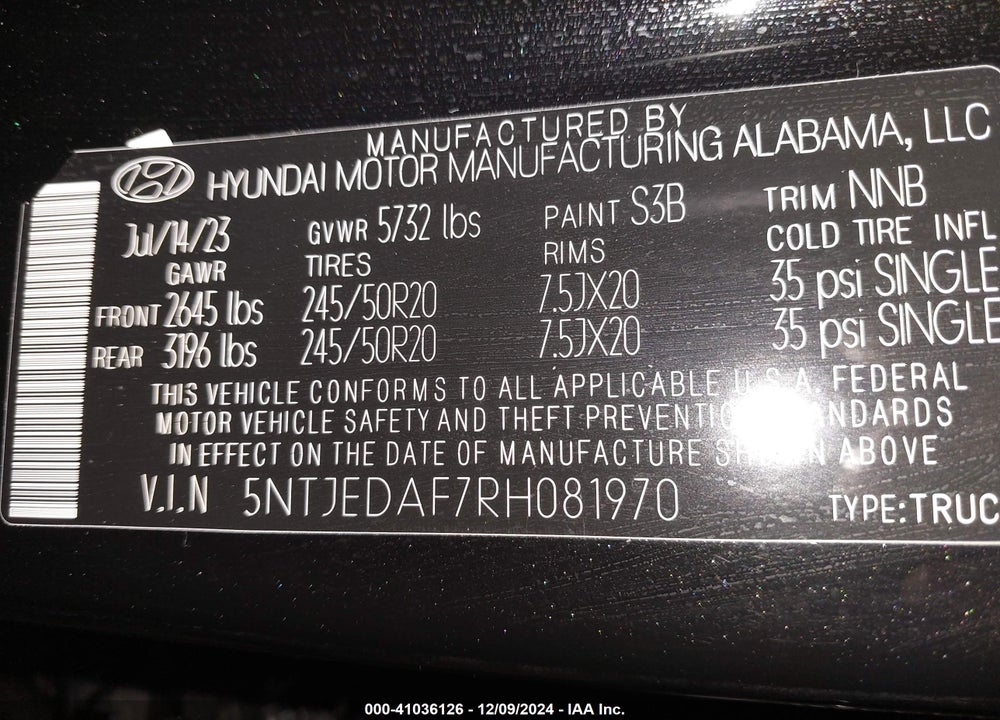 2024 HYUNDAI SANTA CRUZ LIMITED VIN: 5NTJEDAF7RH081970