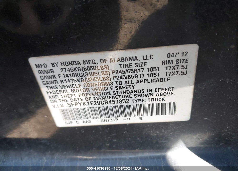 2012 HONDA RIDGELINE RT VIN: 5FPYK1F29CB457852
