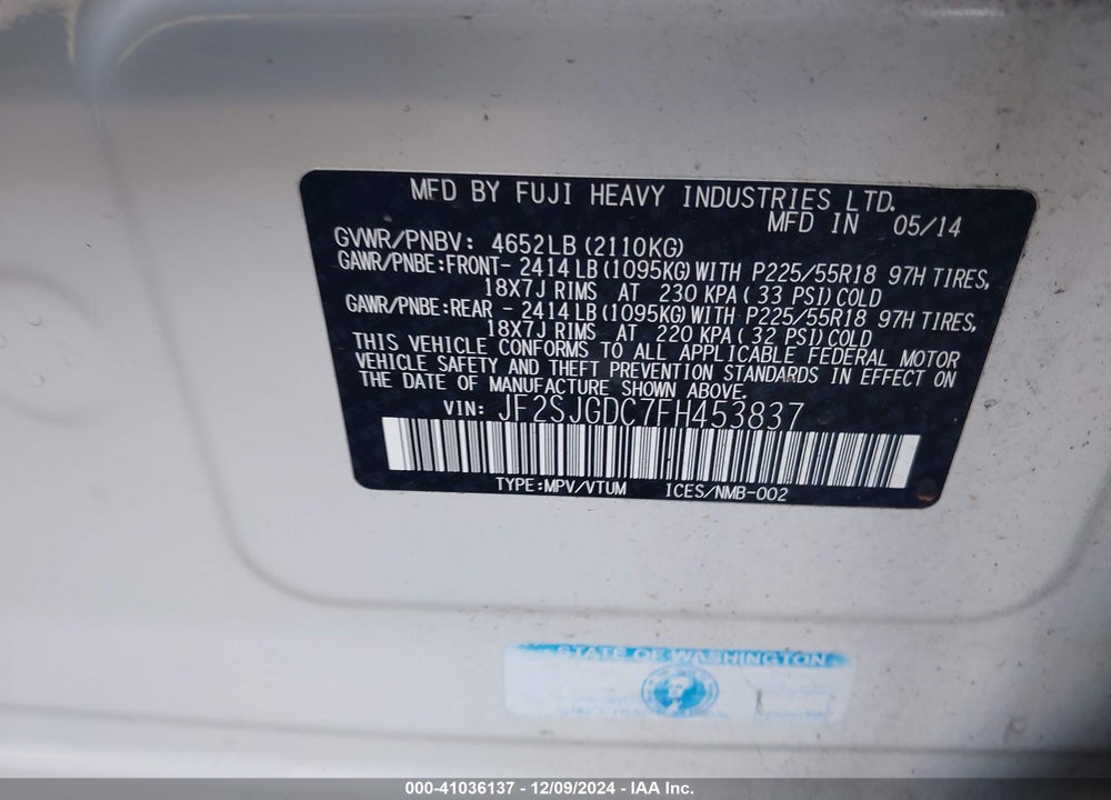 2015 SUBARU FORESTER 2.0XT PREMIUM VIN: JF2SJGDC7FH453837