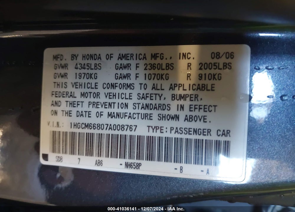 2007 HONDA ACCORD 3.0 EX VIN: 1HGCM66807A008767