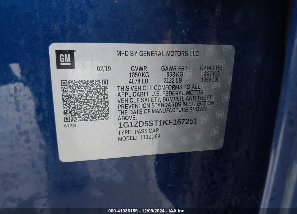 2019 CHEVROLET MALIBU VIN: 1G1ZD5ST1KF167251