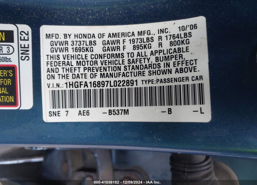 2007 HONDA CIVIC EX VIN: 1HGFA16897L022891