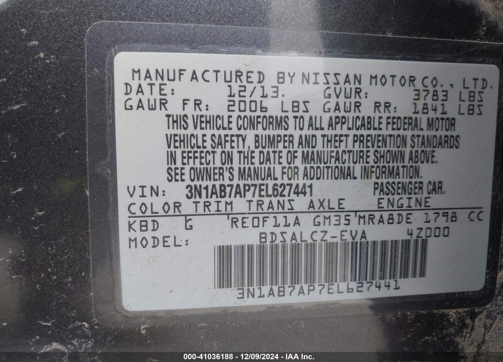 2014 NISSAN SENTRA S VIN: 3N1AB7AP7EL627441