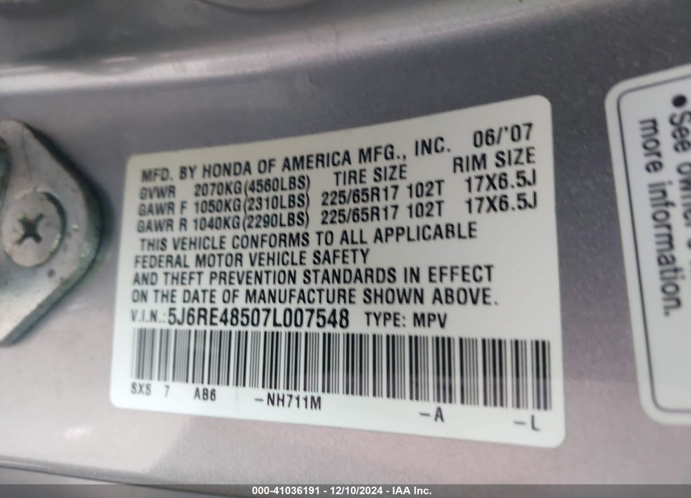 2007 HONDA CR-V VIN: 5J6RE48507L007548
