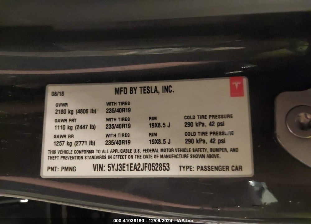 2018 TESLA MODEL 3 LONG RANGE/MID RANGE VIN: 5YJ3E1EA2JF052853