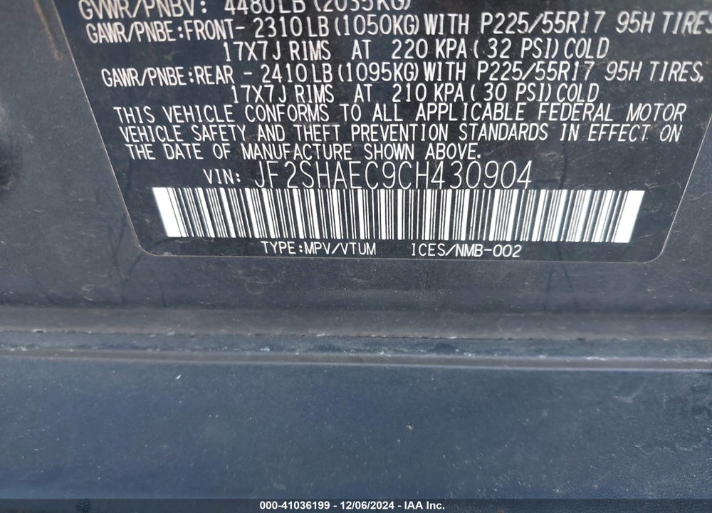 2012 SUBARU FORESTER 2.5X LIMITED VIN: JF2SHAEC9CH430904