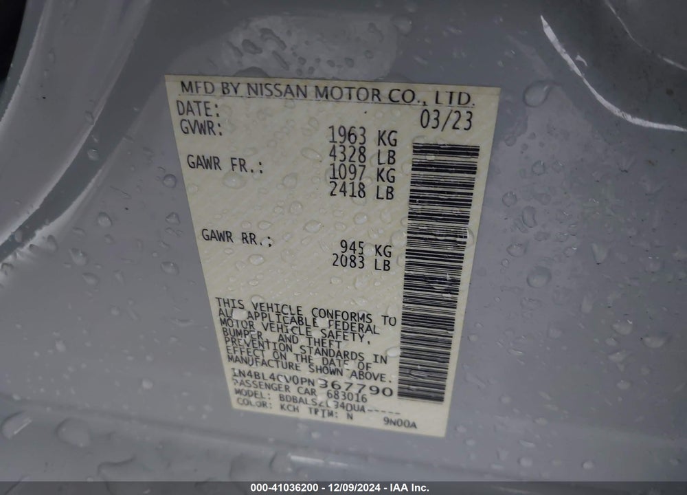 2023 NISSAN ALTIMA SR FWD VIN: 1N4BL4CV0PN367790