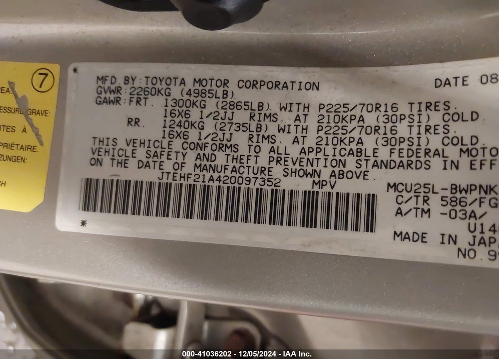 2002 TOYOTA HIGHLANDER V6 VIN: JTEHF21A420097352