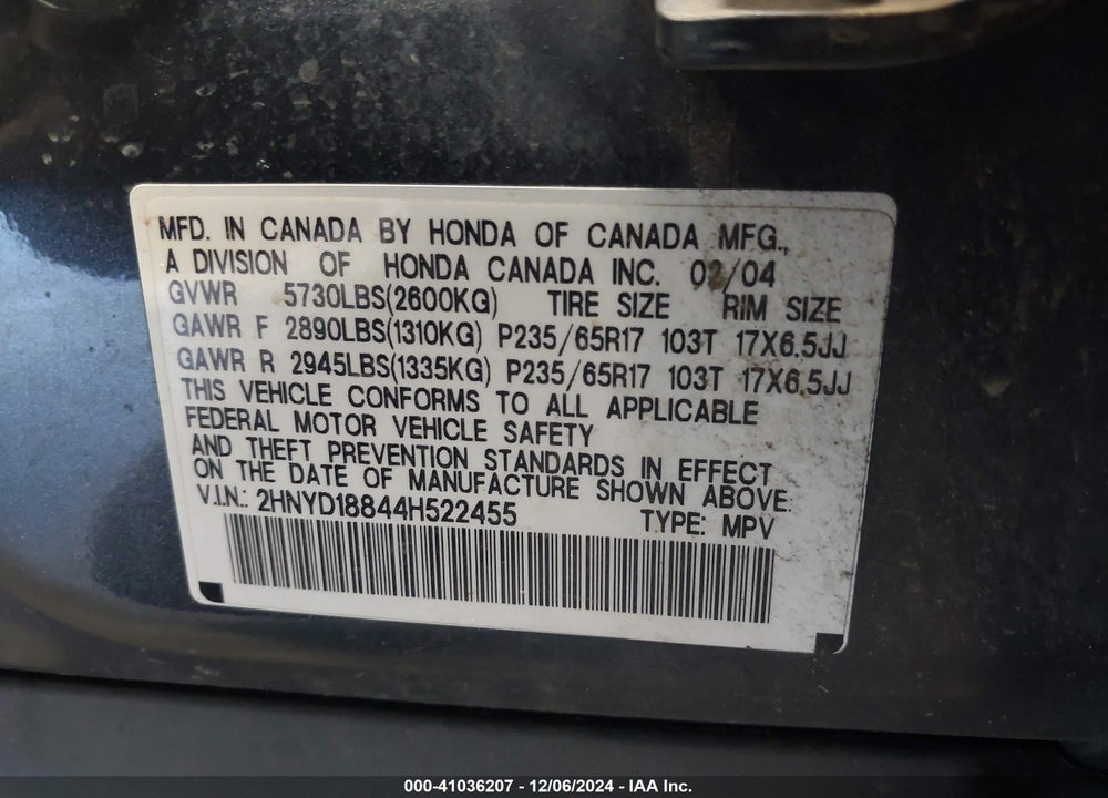 2004 ACURA MDX VIN: 2HNYD18844H522455