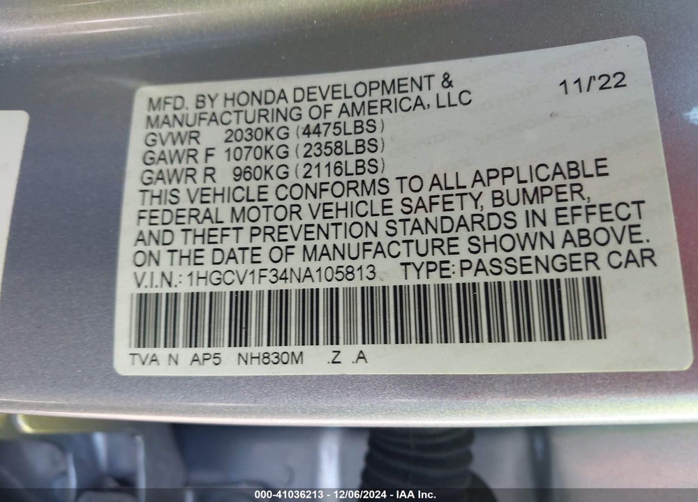2022 HONDA ACCORD SPORT VIN: 1HGCV1F34NA105813