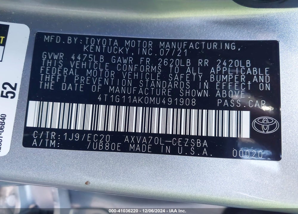2021 TOYOTA CAMRY SE NIGHTSHADE EDITION VIN: 4T1G11AK0MU491908