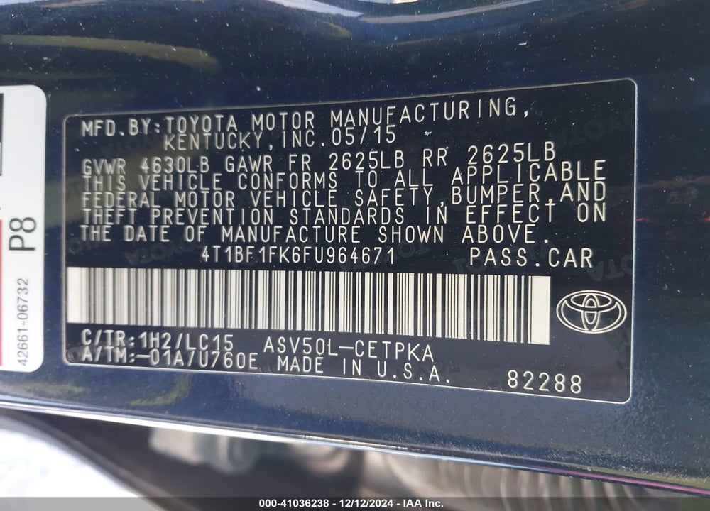 2015 TOYOTA CAMRY XSE VIN: 4T1BF1FK6FU964671