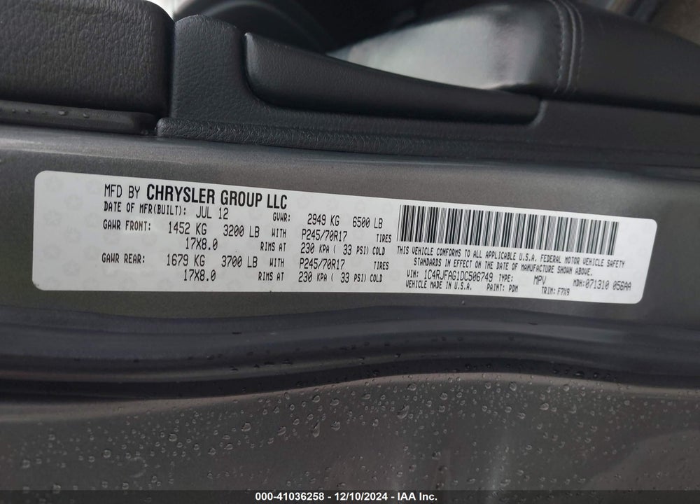 2013 JEEP GRAND CHEROKEE LAREDO VIN: 1C4RJFAG1DC506749