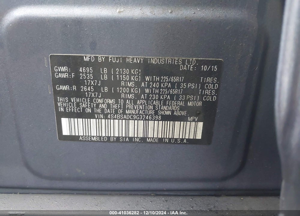 2016 SUBARU OUTBACK 2.5I PREMIUM VIN: 4S4BSADC9G3246398