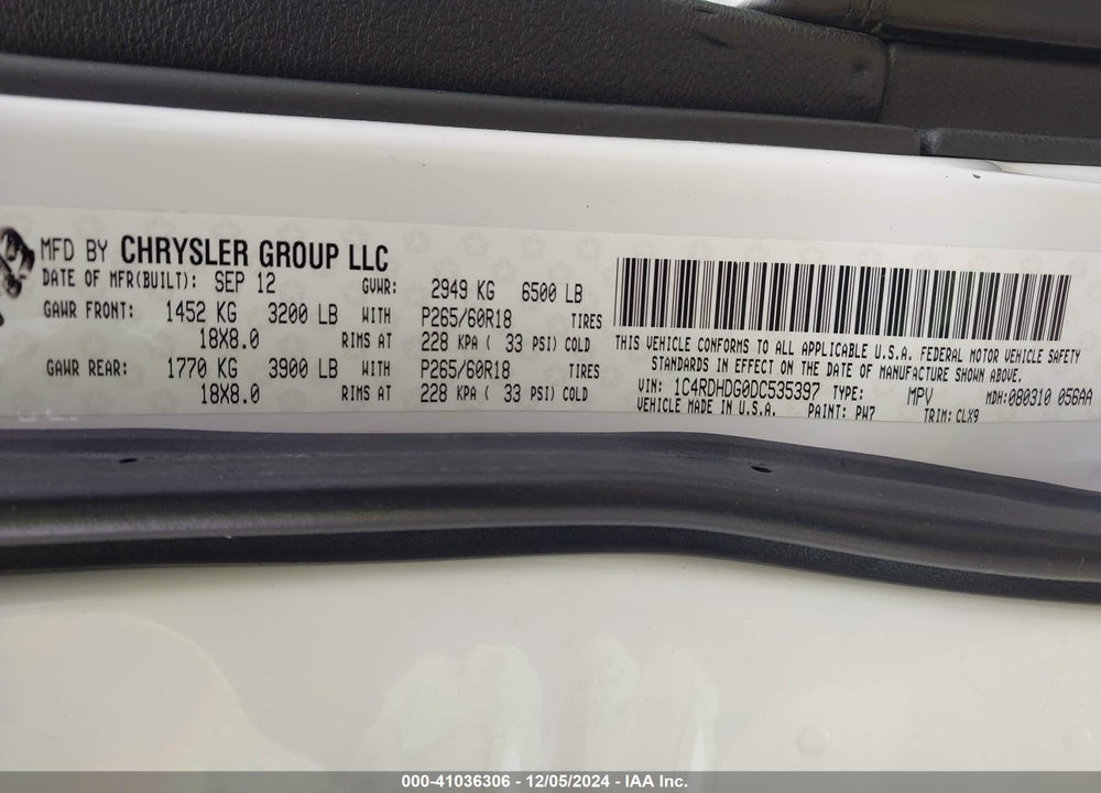 2013 DODGE DURANGO CREW VIN: 1C4RDHDG0DC535397