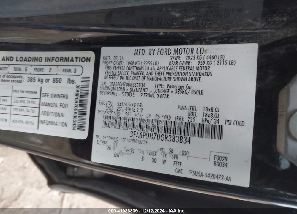 2016 FORD FUSION VIN: 3FA6P0H70GR383834
