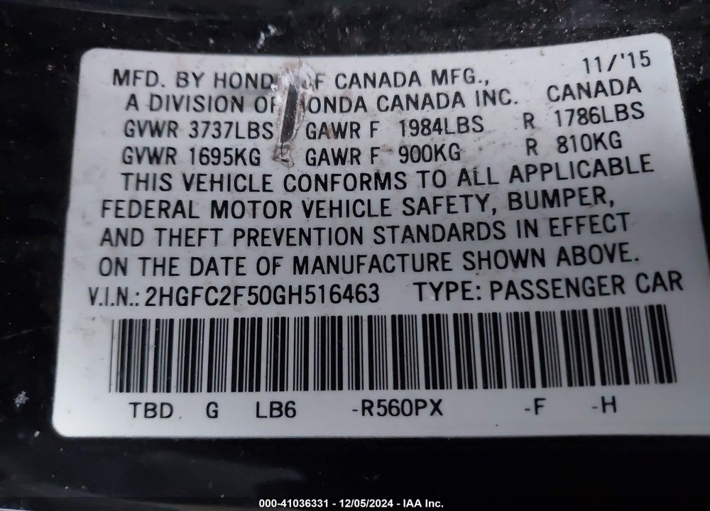 2016 HONDA CIVIC LX VIN: 2HGFC2F50GH516463