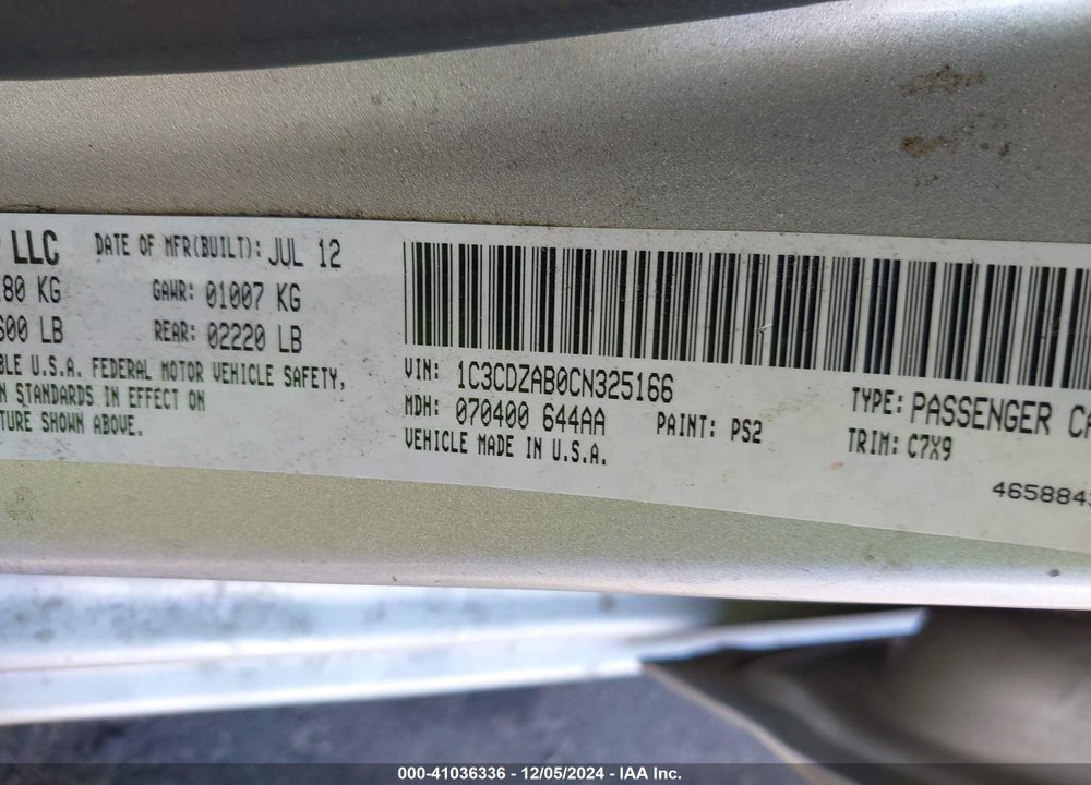 2012 DODGE AVENGER SE VIN: 1C3CDZAB0CN325166